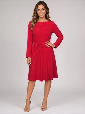 NWOT Nina Leonard Red Sequin Dress Large Long Sleeve Tie Waist